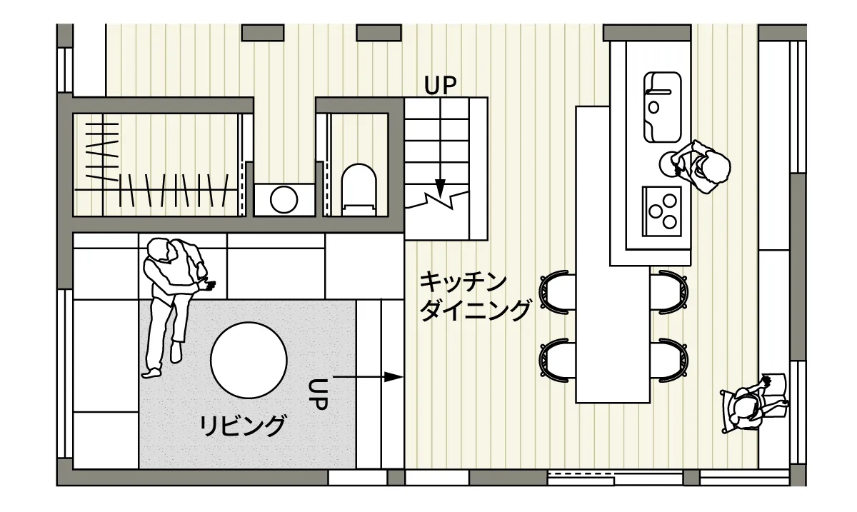 リビングをダウンフロアにしたスキップフロアの間取り