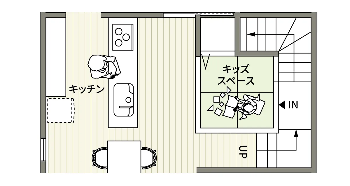 キッチン正面にキッズスペースがあるスキップフロアの間取り
