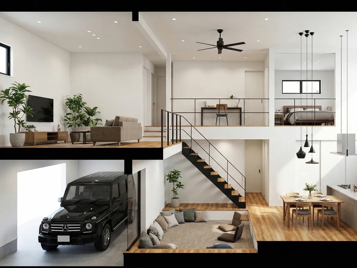 ビルトインガレージと組み合わせたタイプのスキップフロアイメージ