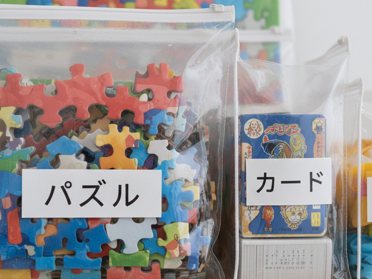 パズル、カードをチャック付きのケースにまとめて収納したイメージ