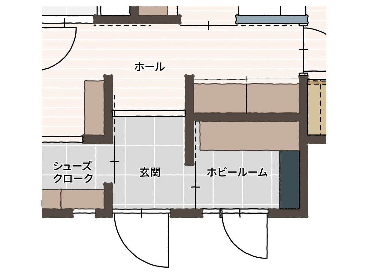 大阪ショールーム（田中家）玄関のホビールームの場所